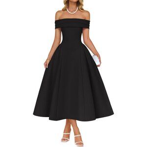Women's Black Elegant Off Shoulder Short Sleeve Swing A Line Party Midi Dress